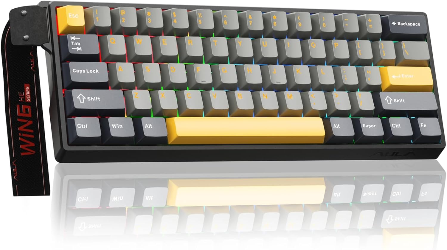 Mechanical keyboard with a black frame and yellow keycaps on a white background