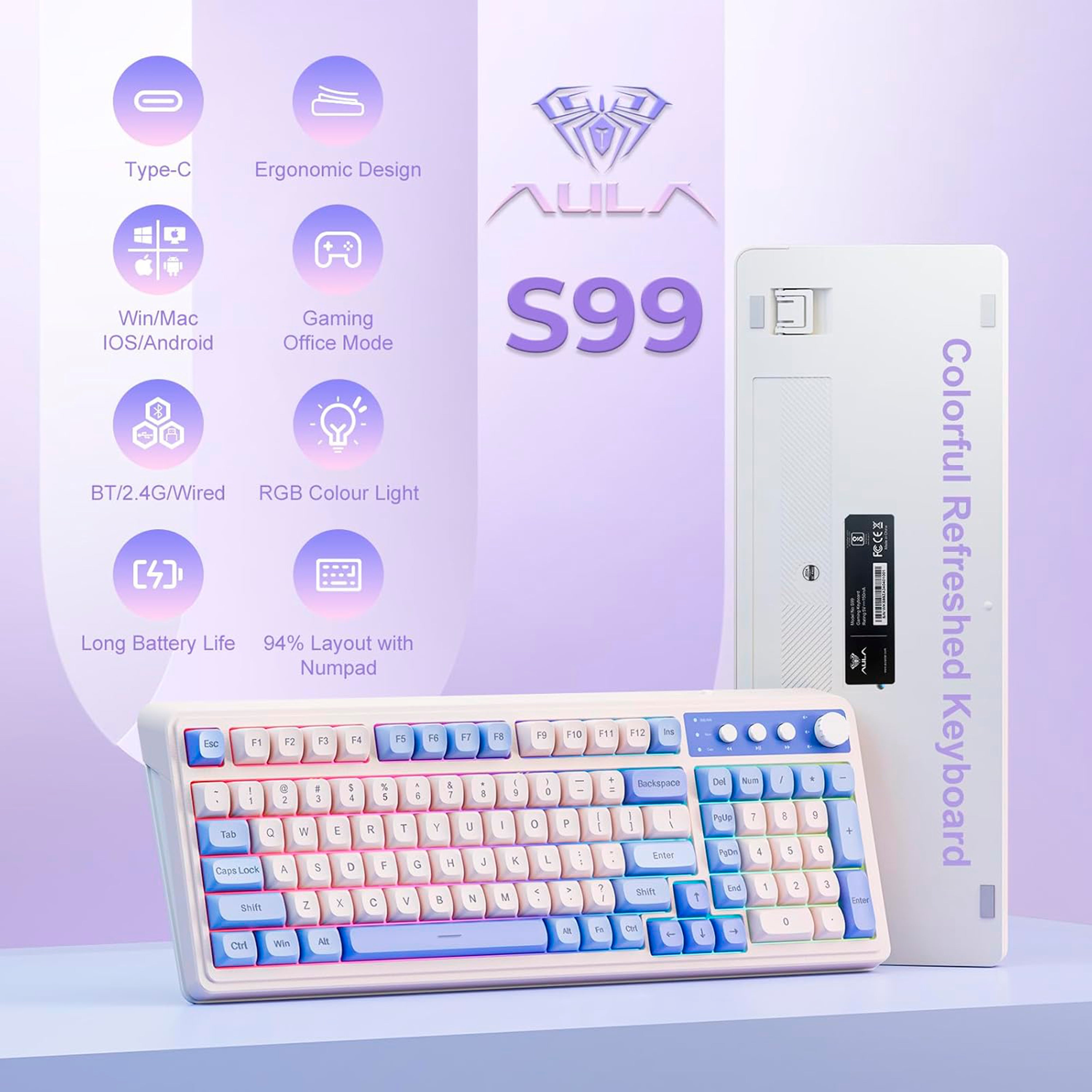 Colorful keyboard with gradient purple keys on a white background