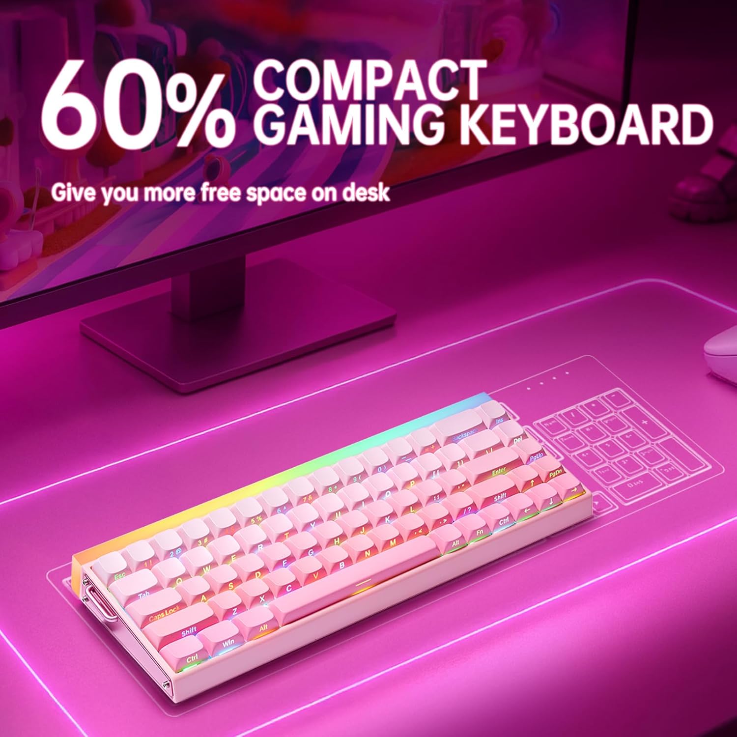 Pink keyboard with rainbow backlight on a white background