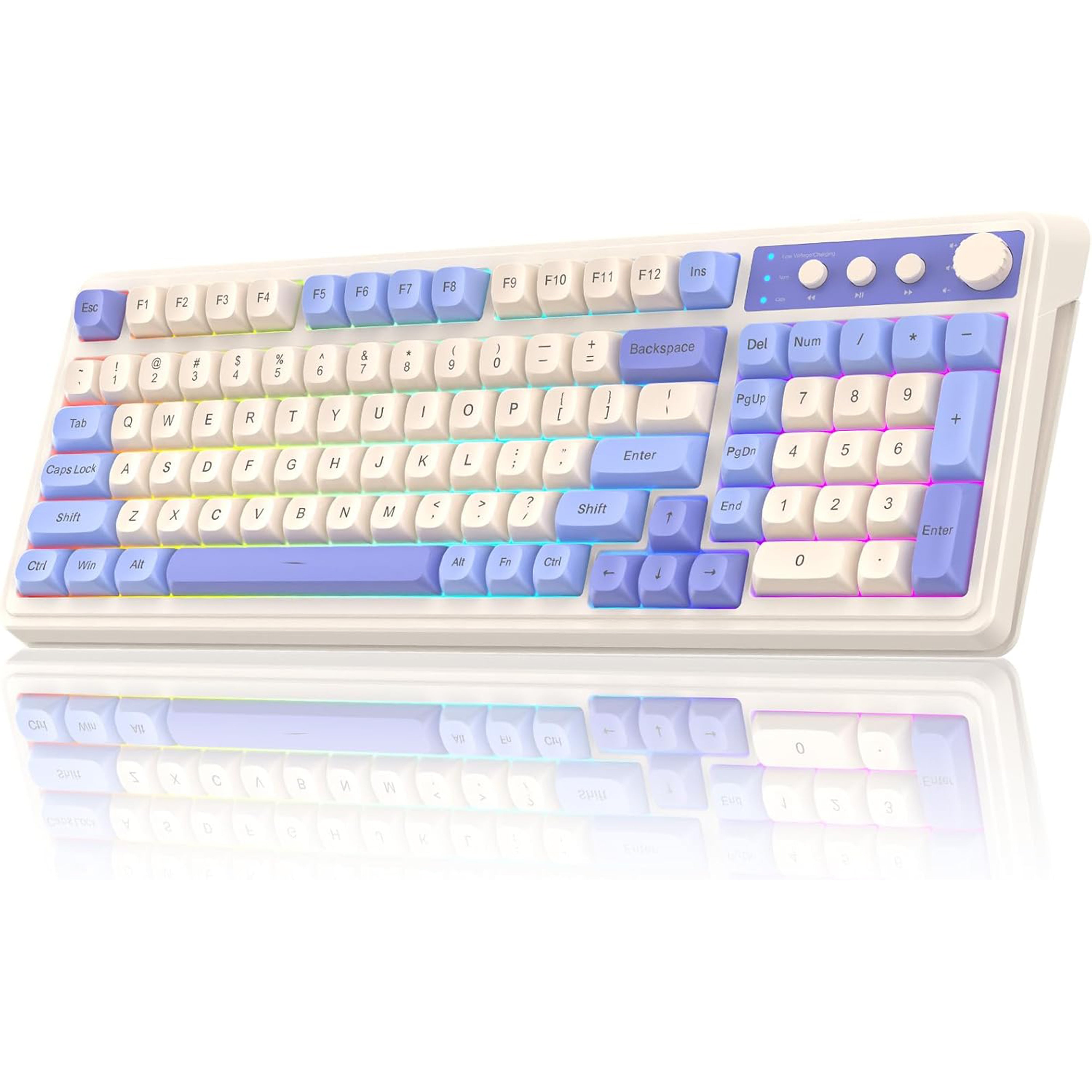 Keyboard with blue and white keys on a white background