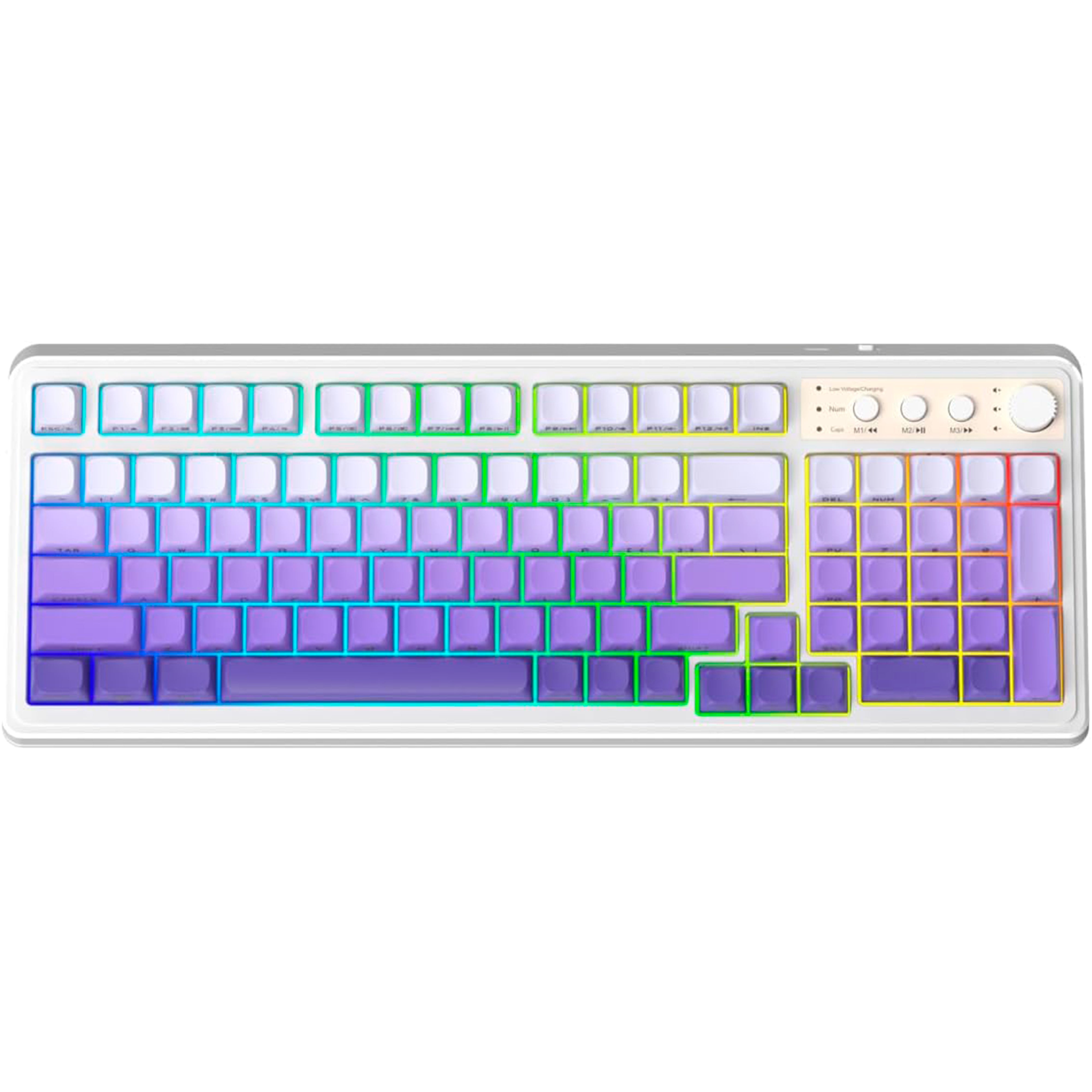 Colorful keyboard with gradient purple keys on a white background