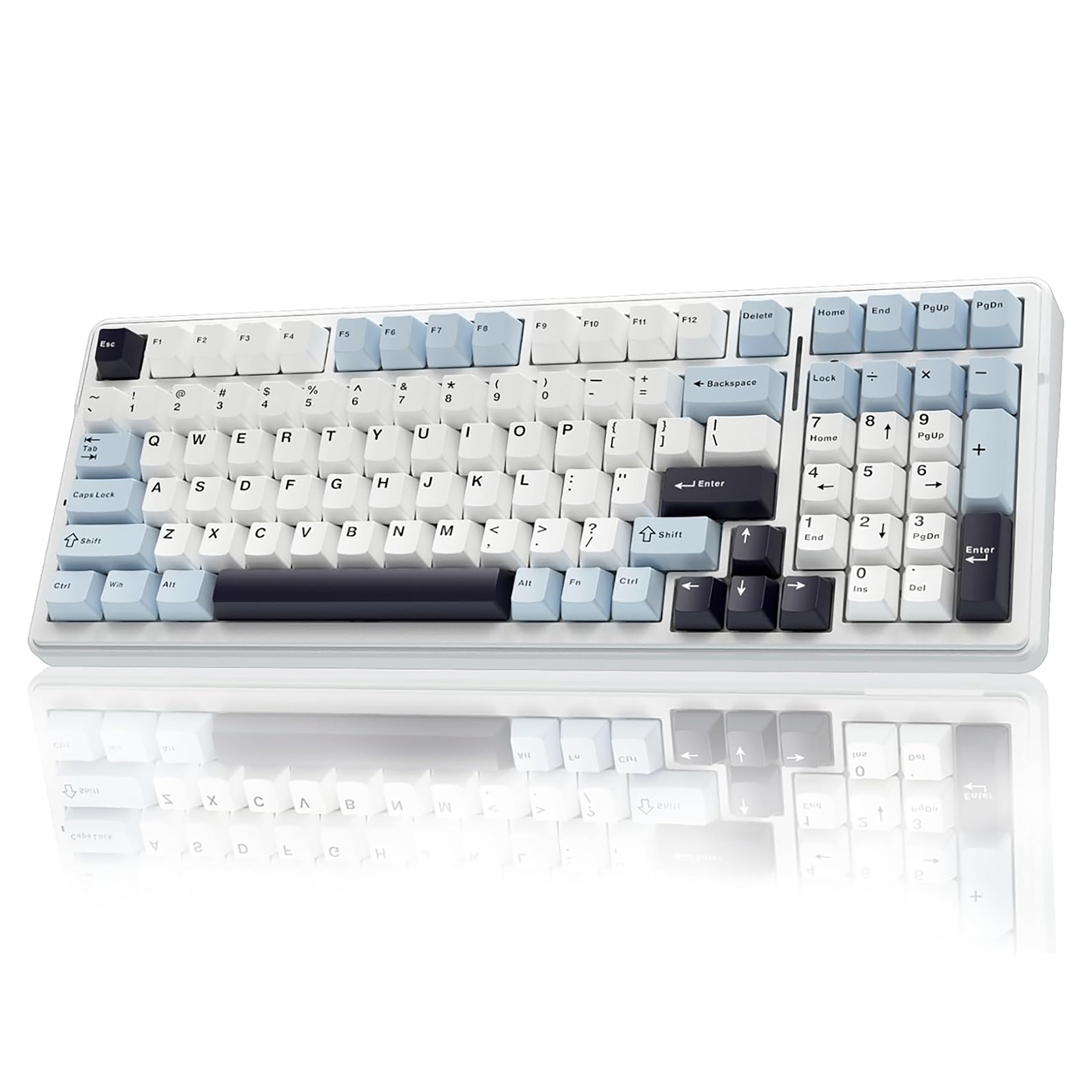 Mechanical keyboard with blue and black keys on a white background
