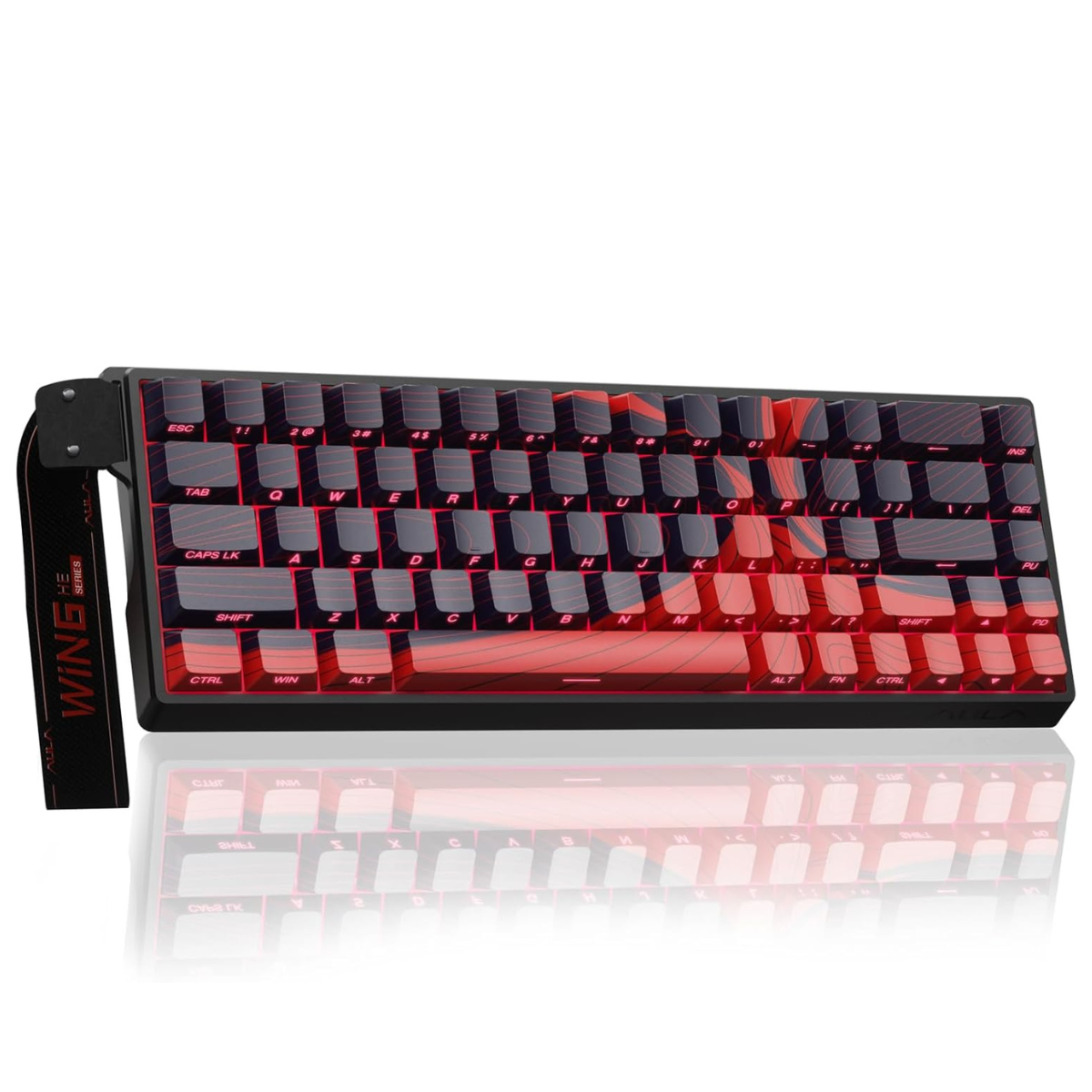 Mechanical keyboard with red backlit keys on a white background