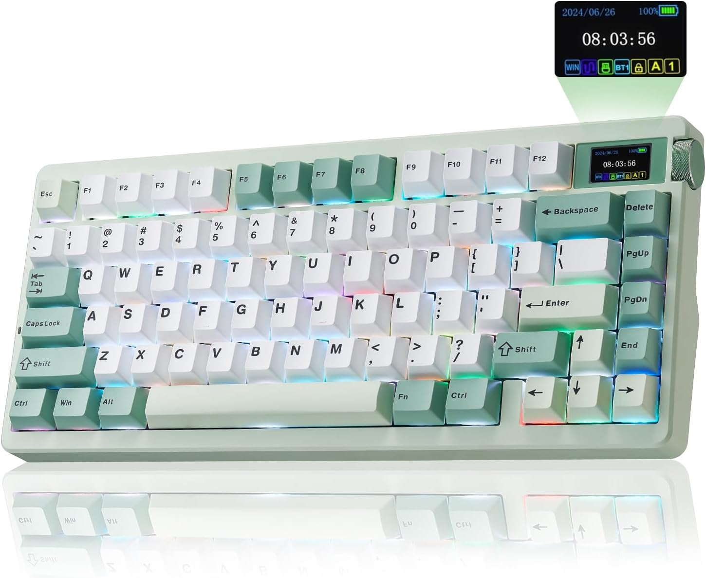 Mechanical keyboard with colorful green and white keycaps on a white background