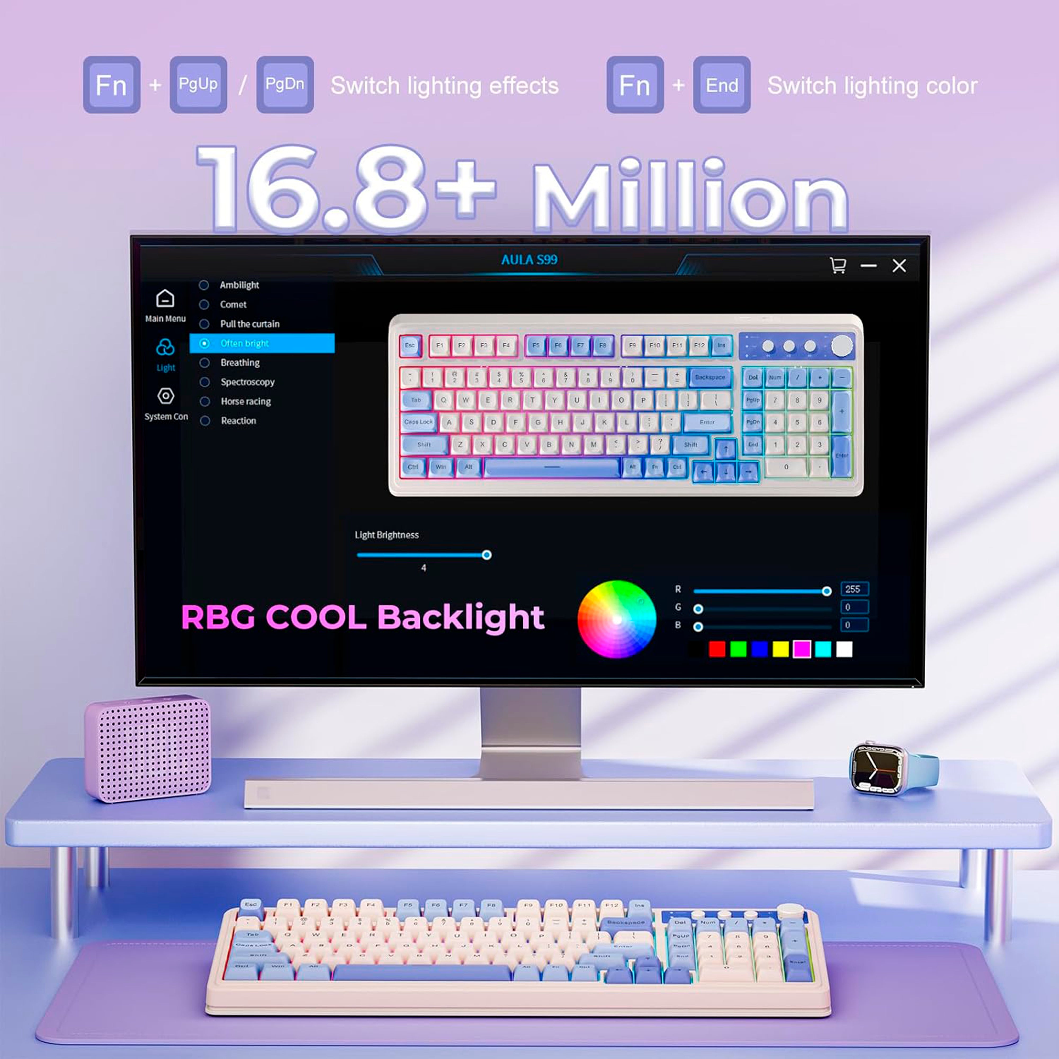 Colorful keyboard with gradient purple keys on a white background