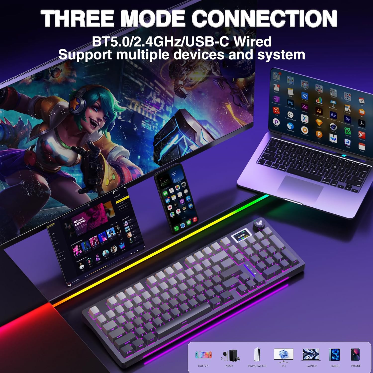 Mechanical keyboard with RGB lighting on a white background