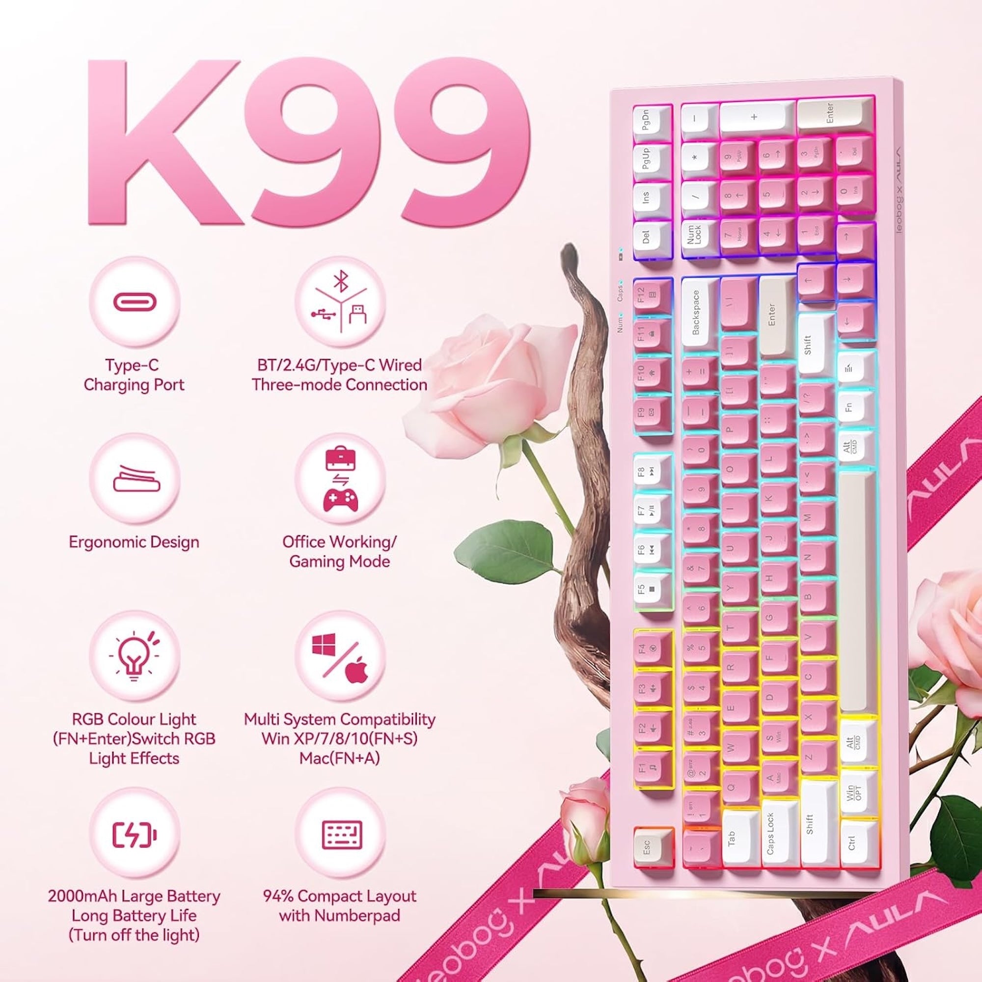 Pink and white keyboard on a white background