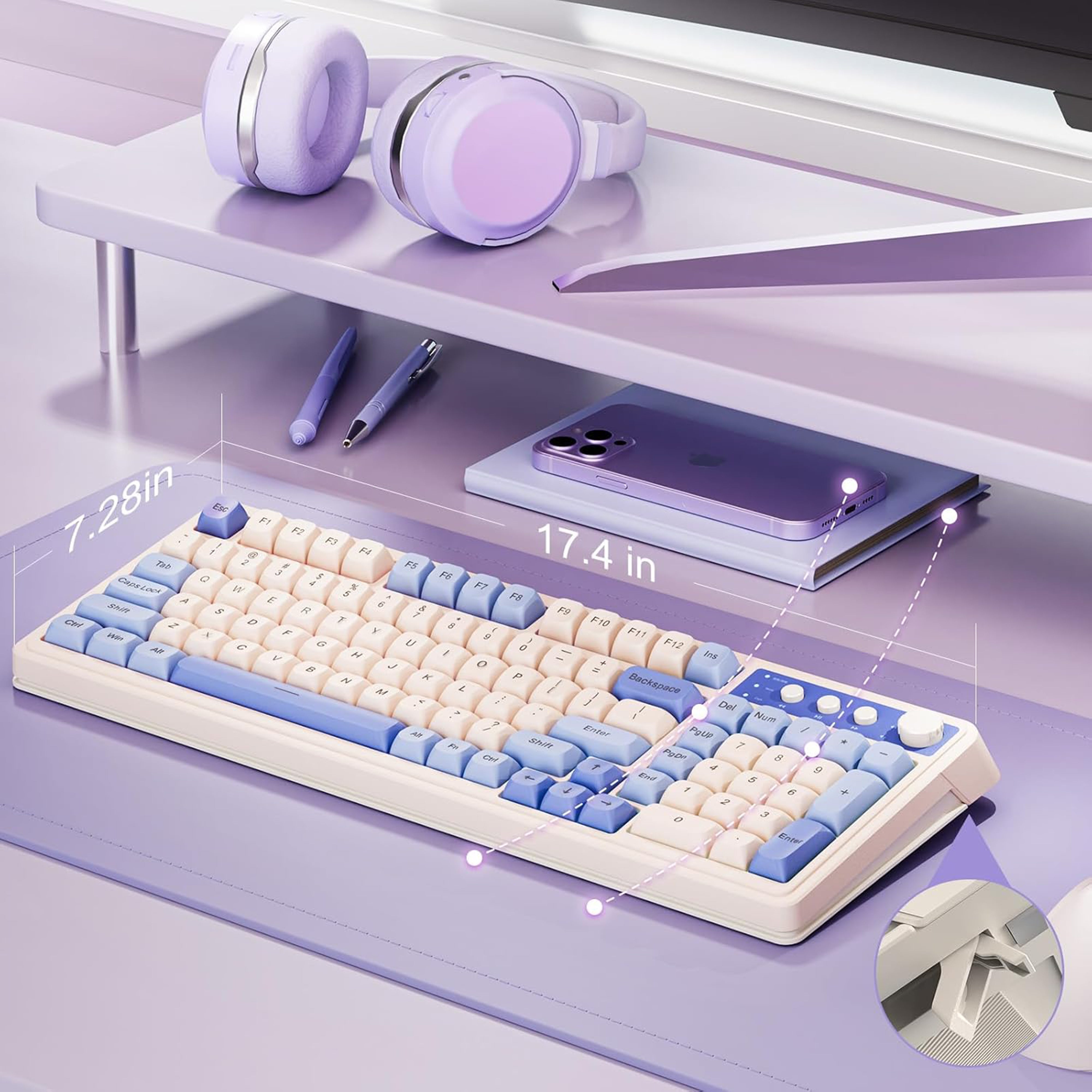 Keyboard with blue and white keys on a white background