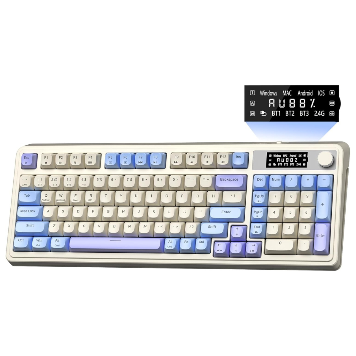 Mechanical keyboard with blue and white keys on a white background