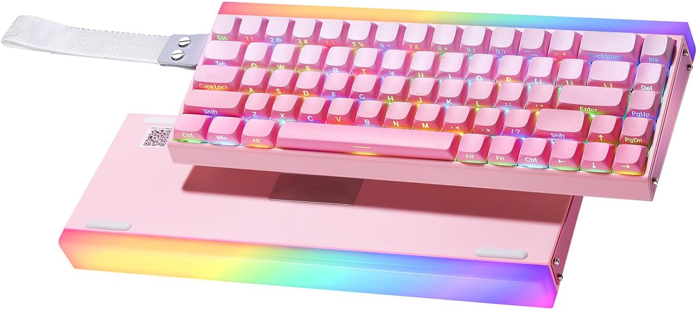 Pink keyboard with rainbow backlight on a white background