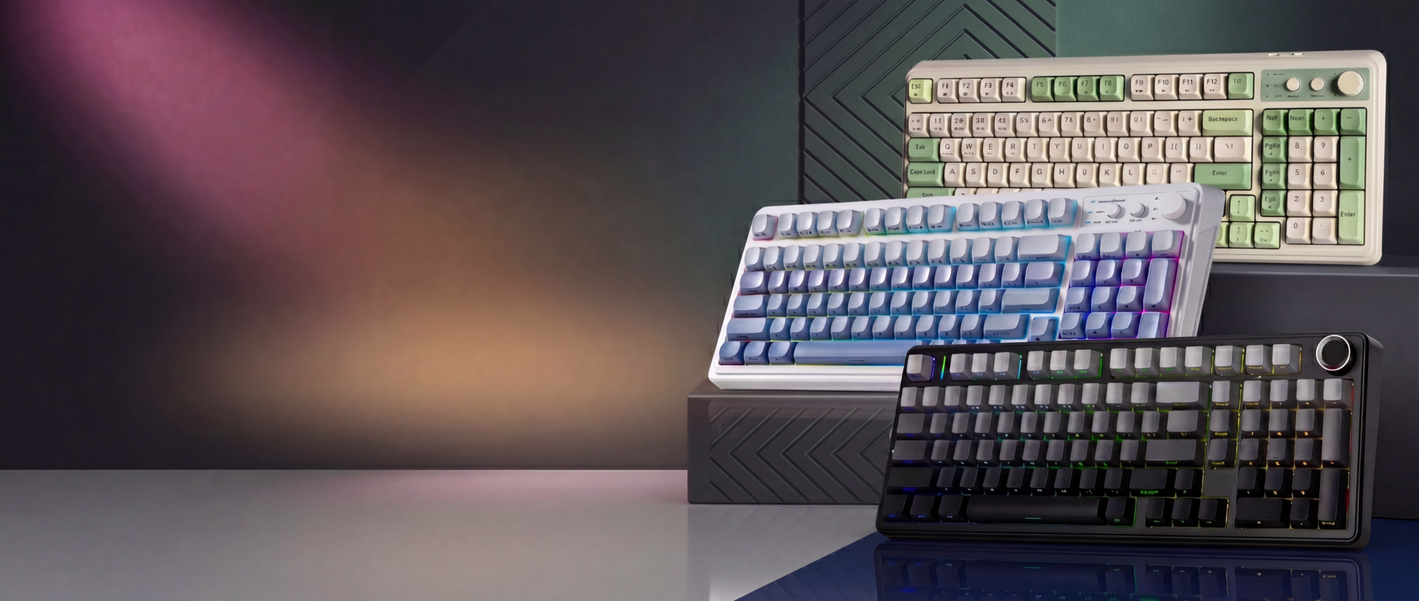 Three mechanical keyboards on a reflective surface with a dark background