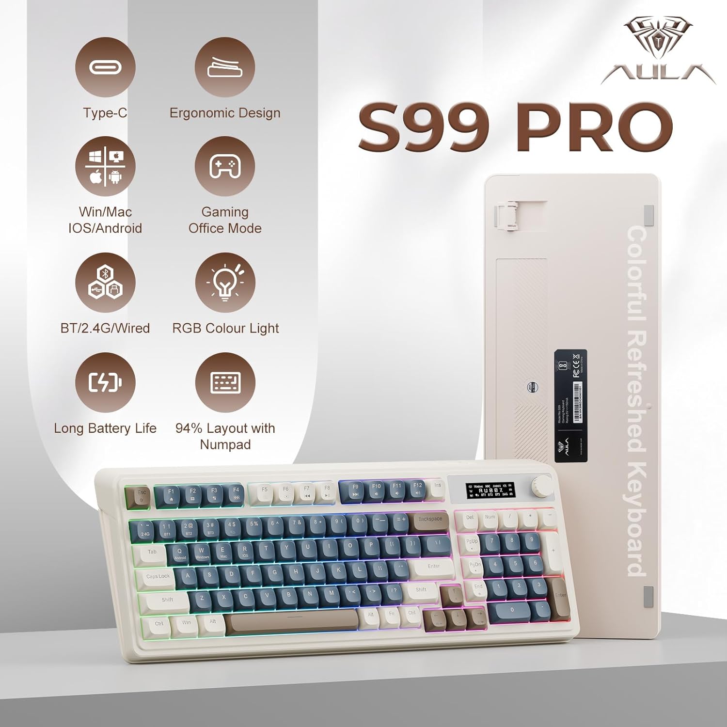 Mechanical keyboard with blue and white keys on a white background