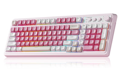 Pink and white mechanical keyboard on a white background