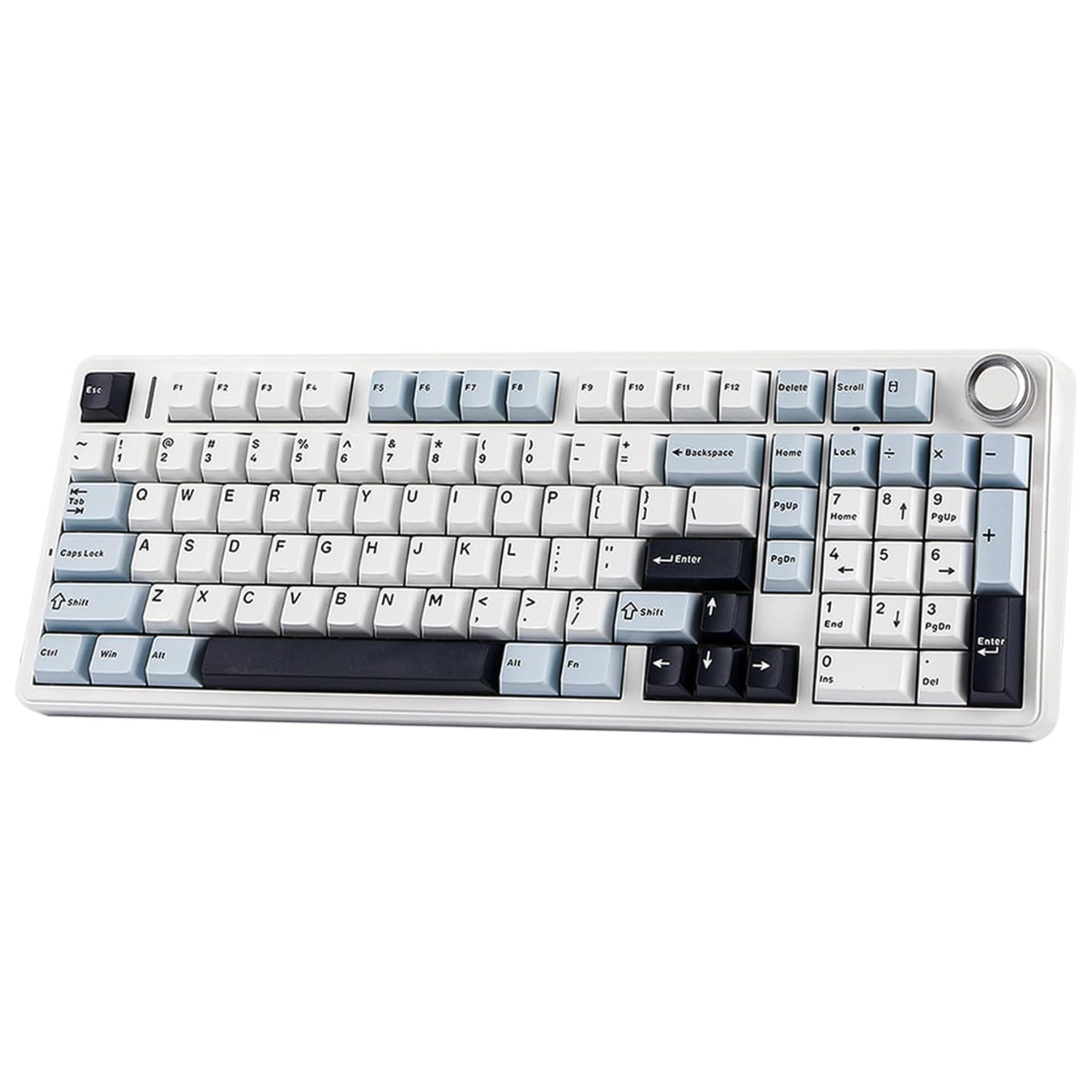 Mechanical keyboard with white and gray keys on a white background