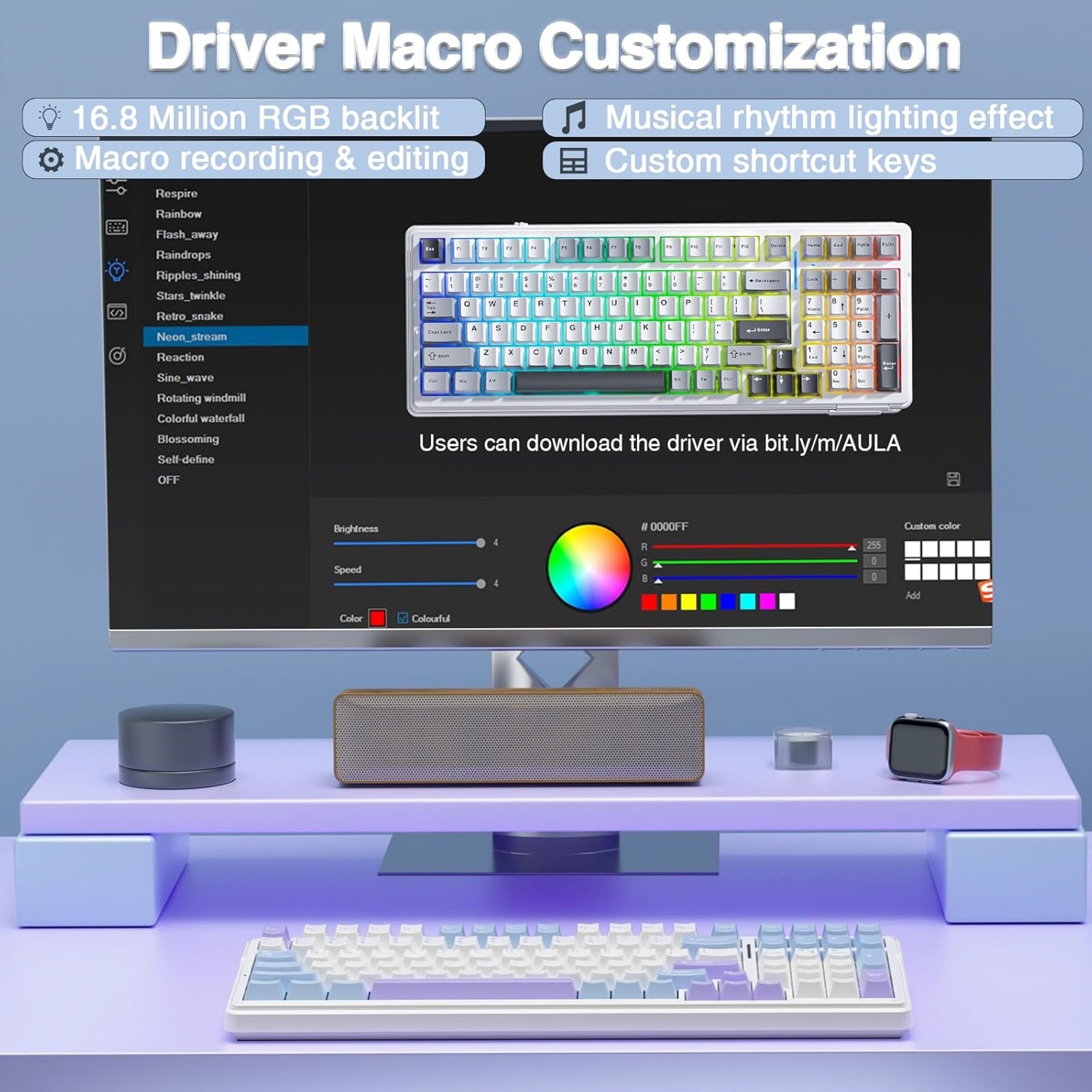 Keyboard with blue and purple keycaps on a white background