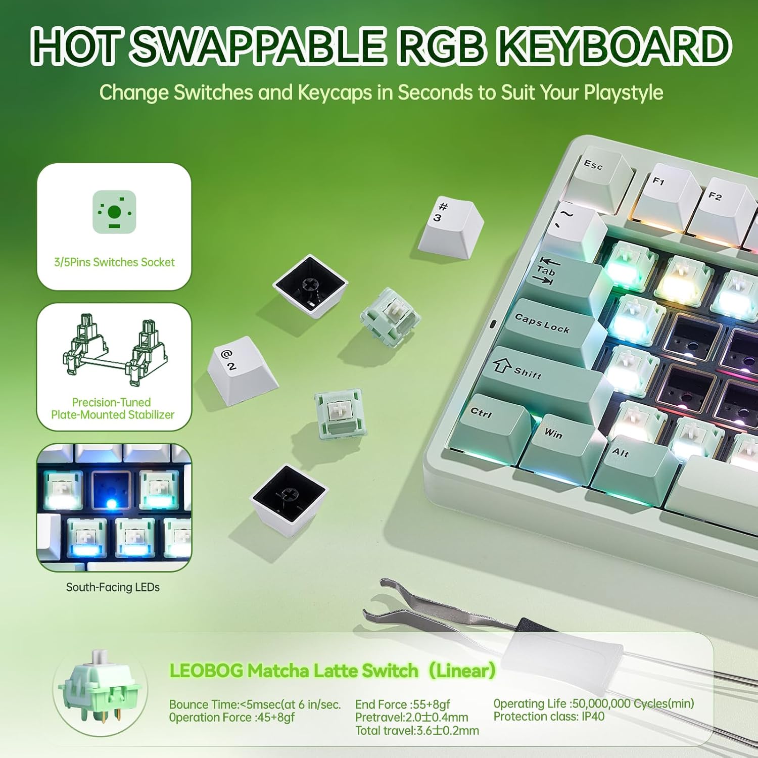 Mechanical keyboard with colorful green and white keycaps on a white background