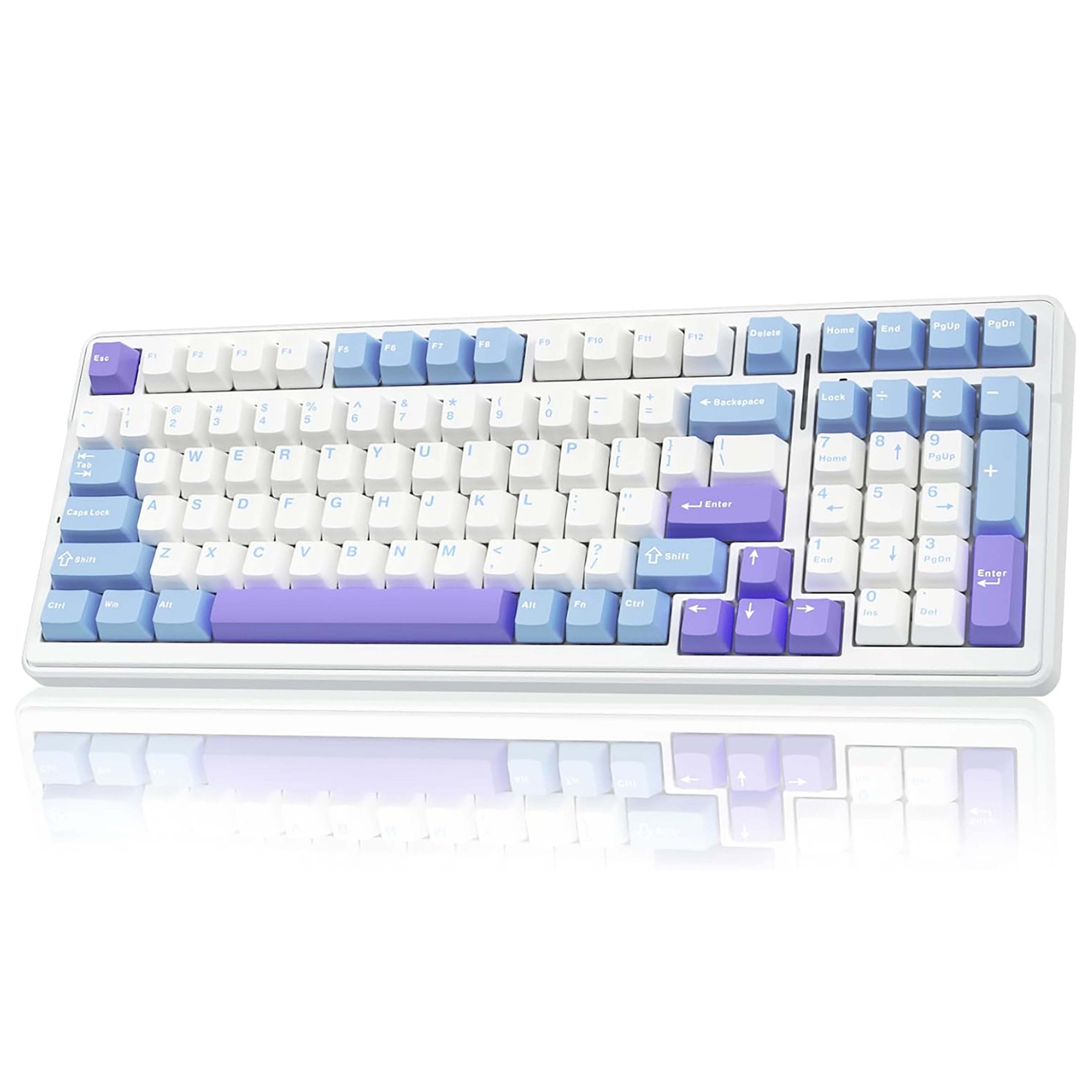 Keyboard with blue and purple keycaps on a white background