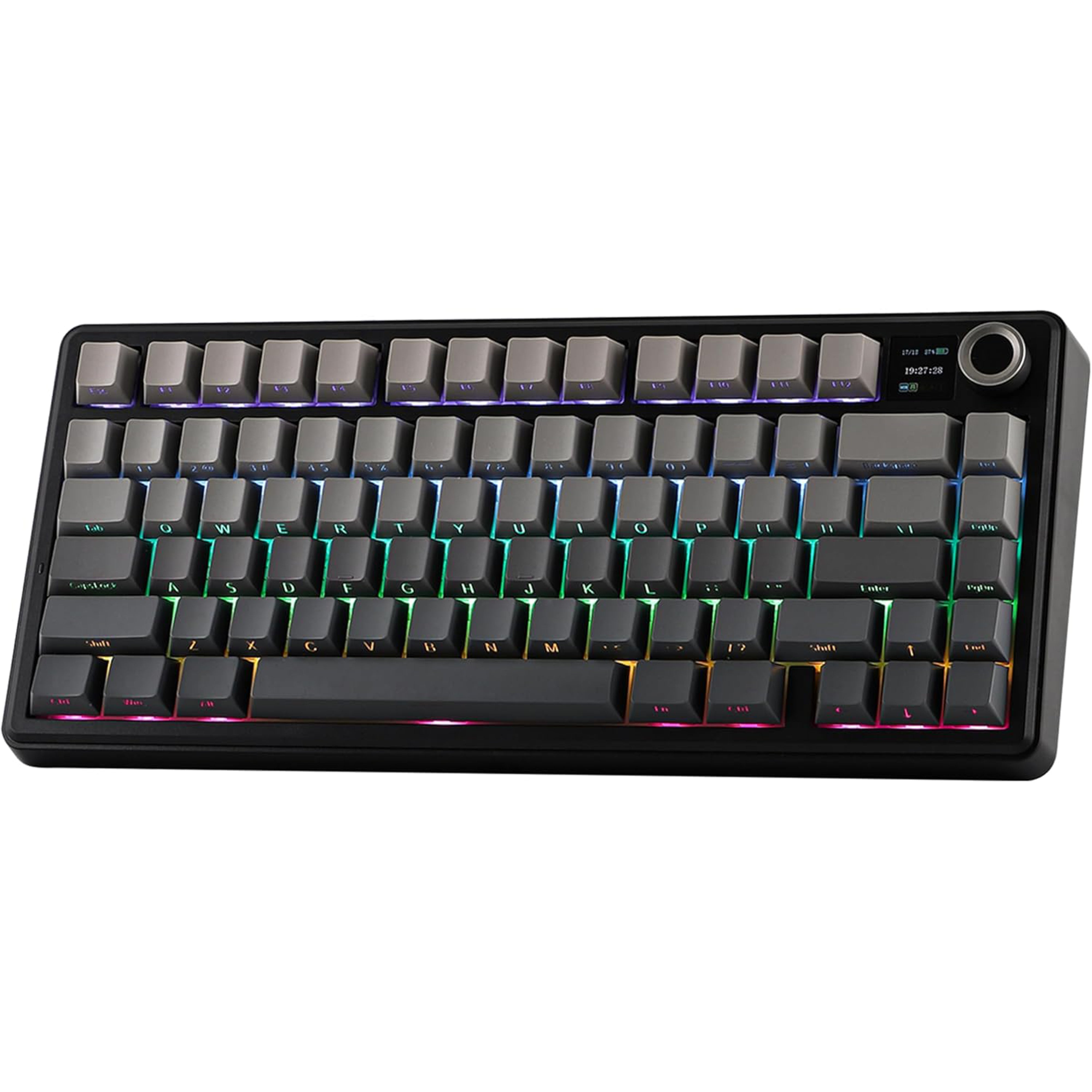 Black mechanical keyboard with RGB lighting on a white background