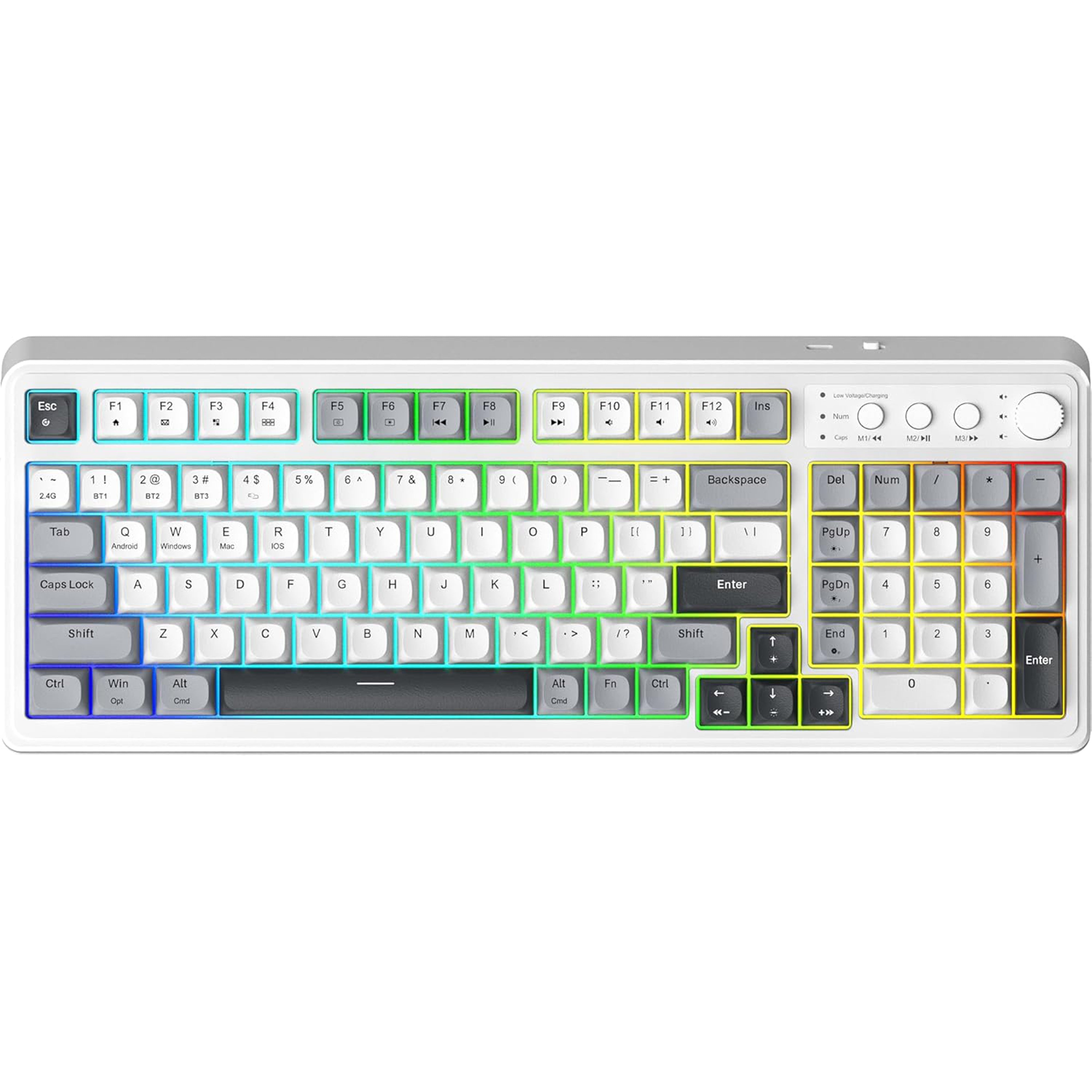 Colorful keyboard with labeled keys on a white background
