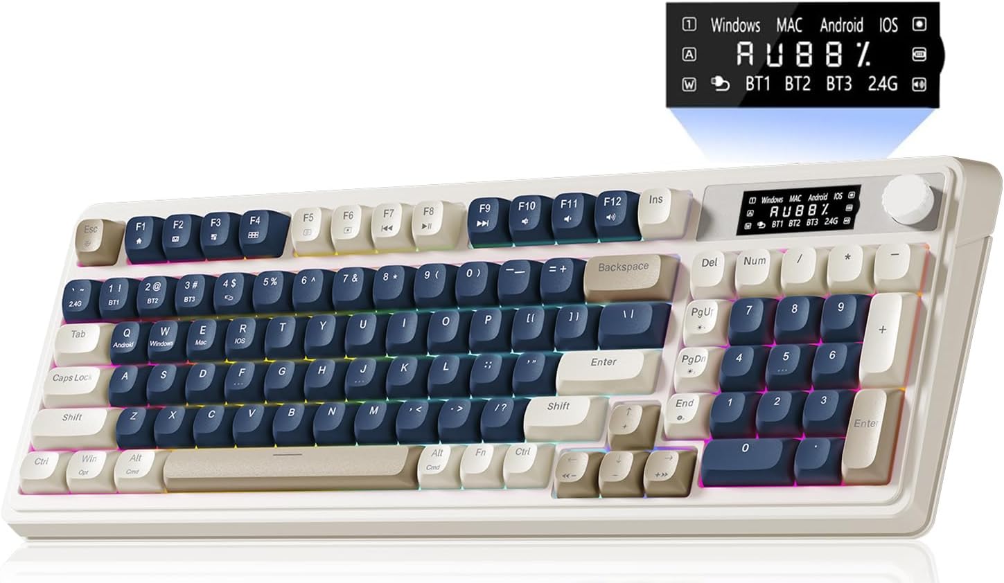 Mechanical keyboard with blue and white keys on a white background
