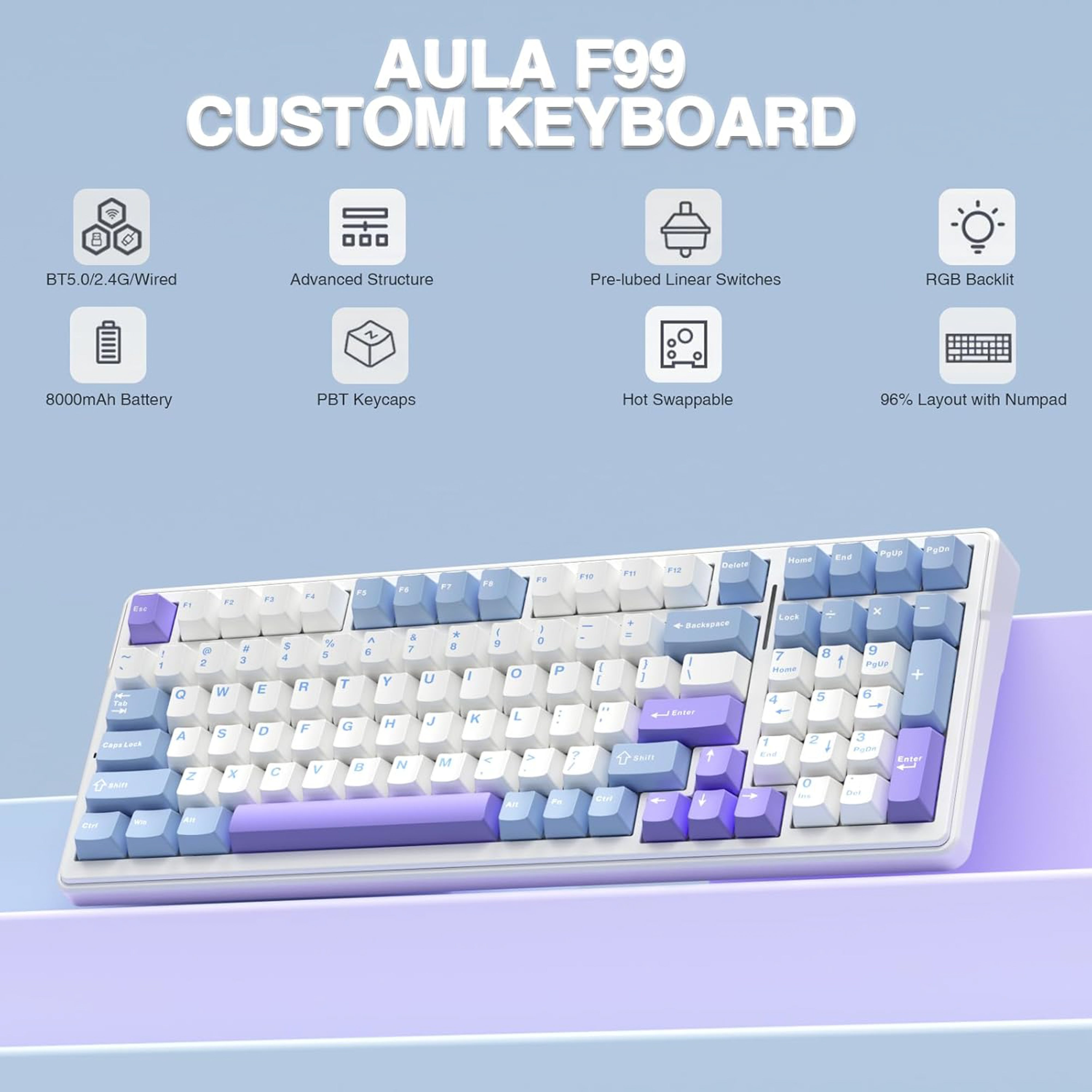Keyboard with blue and purple keycaps on a white background