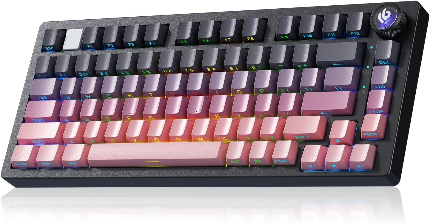 Keyboard with gradient pink, purple and gray keys on a white background